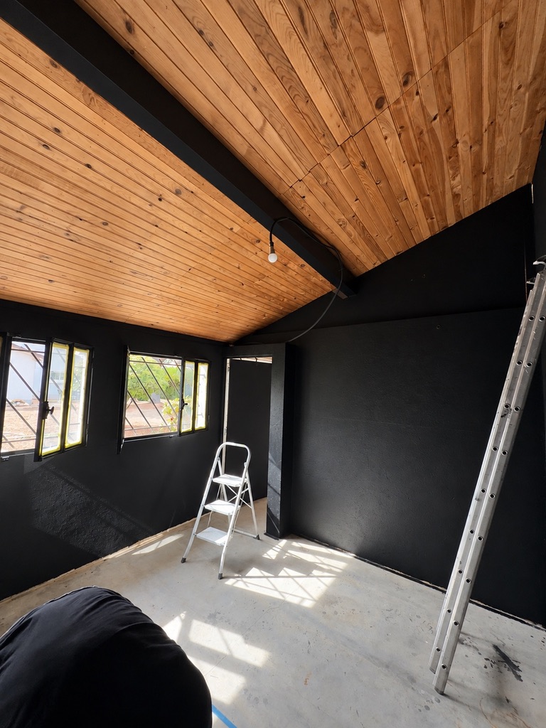 Homegym repeint tout en noir dans une dépendance (garage)